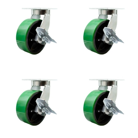 Service Caster 8'' Heavy Duty Green Poly on Cast Iron Caster Set 4 Brakes 2 Swivel Locks, 4PK CRAN-KP92S830-PUR-GB-SLB-BSL-2-SLB-2